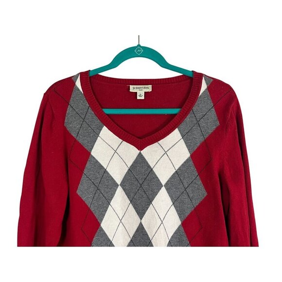 St Johns Bay Argyle Knit Sweater PL Red Preppy Varsity Retro 80s Old Money - Picture 9 of 11